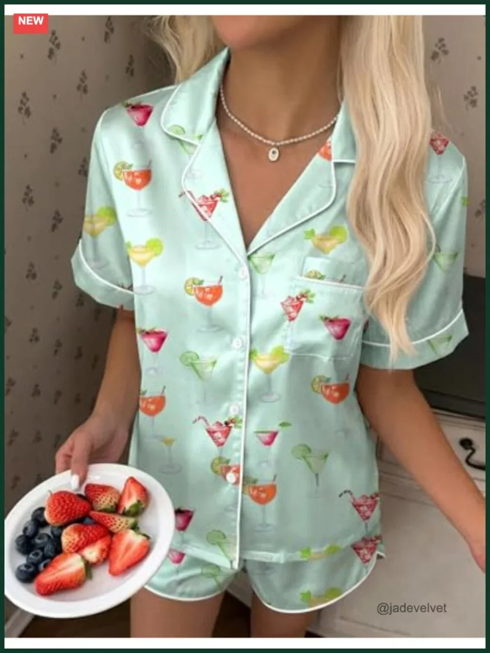 Satin Pajama Set Button Down Short Sleeve Top and Shorts Sleepwear